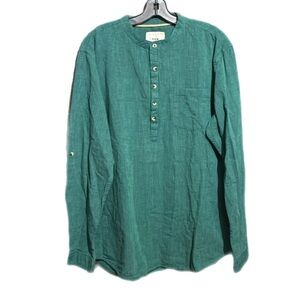 MAX Green Men's Casual Kurta Long Sleeve Shirt Henley Pop Over 100% Cotton XL